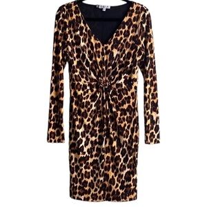 Jennifer Lopez Long Sleeve Knot Front Sheath Cheetah Animal Print Mini Dress S